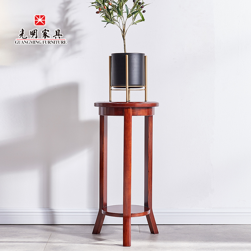 【光明家具】水曲柳實(shí)木花架，圓形木質(zhì)書房置物架，客廳落地花架花幾108B-82520-80